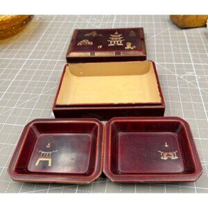 Occupied Japan Maruni Lacquerware Box With Trays Pagoda  Black. Red